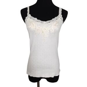 Vintage Guess Y2K Beaded Camisole Cream Sheer Lace Womens S Bohemian Cowgirl